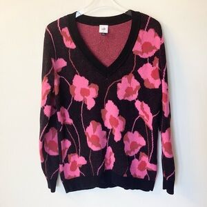 Cabi Rococo V-Neck Floral Pullover Sweater - Style 4102 - Black/Pink - M